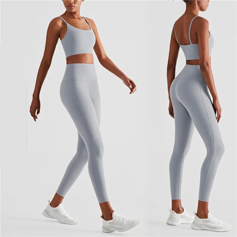 Solid Color Women Gym Fitness Yoga Set Back Cross Strap Crop Top Leggings 2pc Suit Soft Squat Proof Comprehensive Training Wear