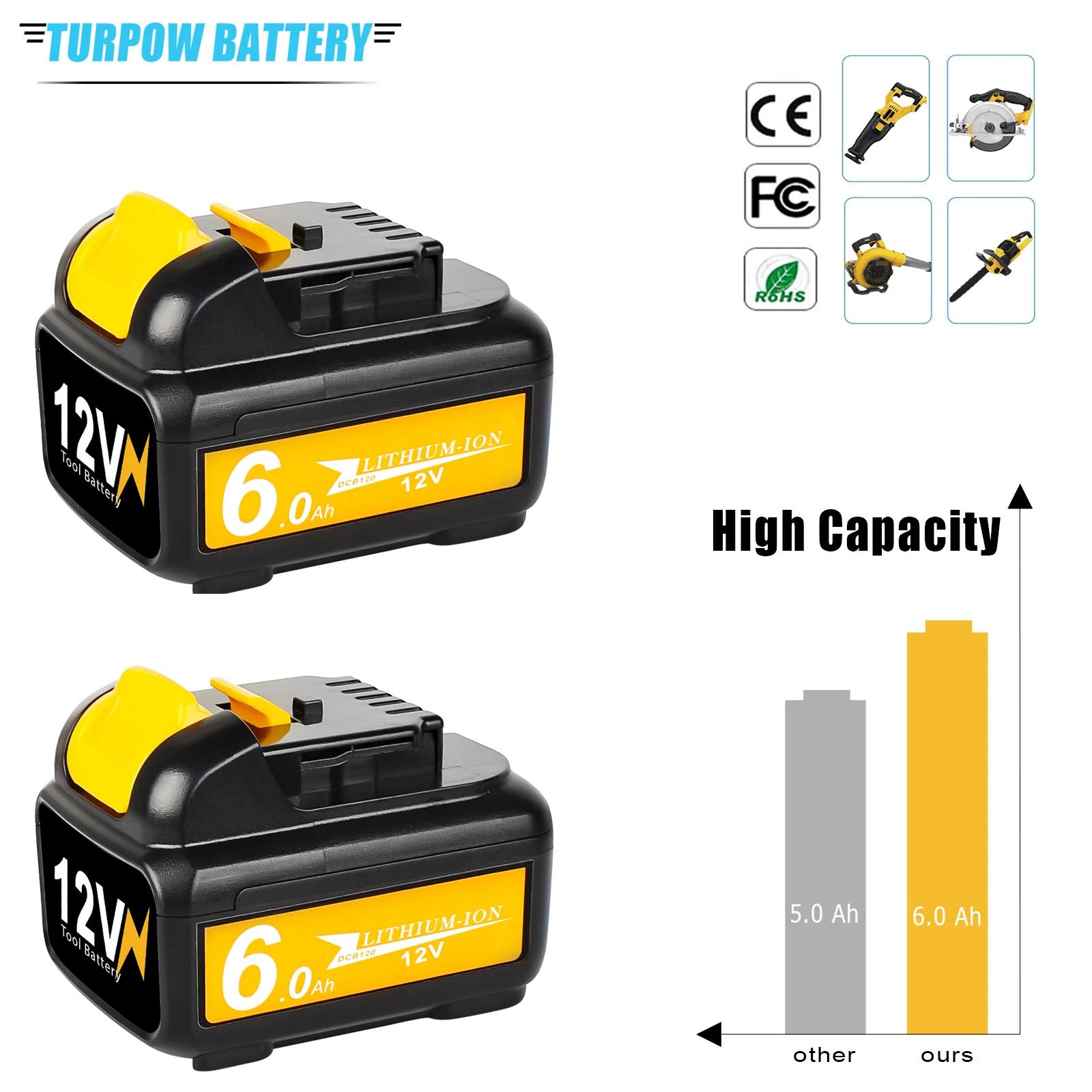 Перезаряжаемая батарея Turpow 6,0 Ач 12 В для электроинструментов Dewalt 12 В, батареи для Dewalt DCB120 DCB127 DCB121 DCB119 DCB122 DCB124