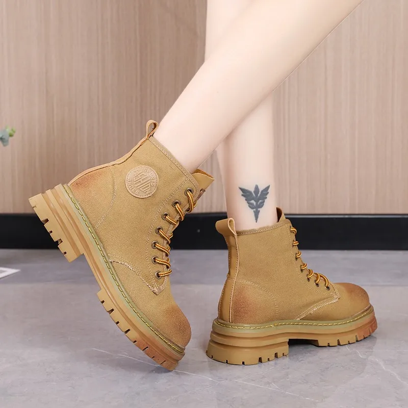 

British style women's boots 2022 women's short shoes brown gray thick-soled autumn and winter rubber fashion lace-up nude boots