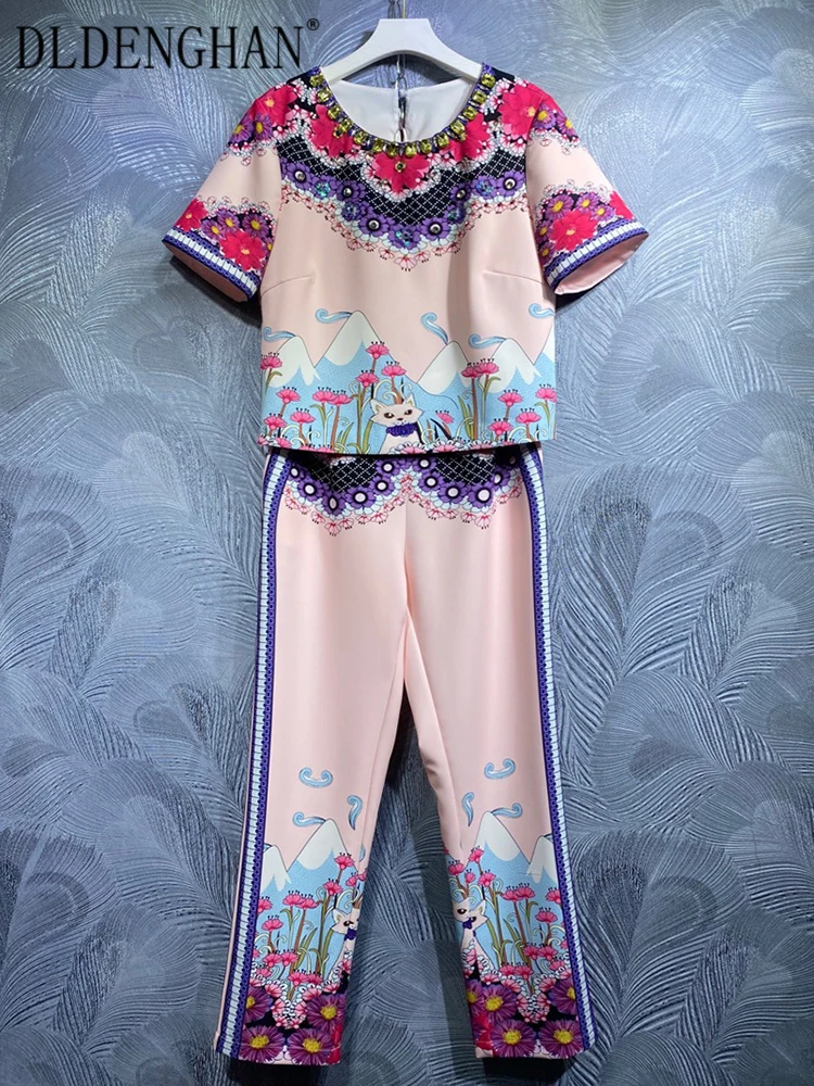

DLDENGHAN Women Suits Crystal O-Neck Short Sleeve Tops + Long Pants Vintage Print Two Pieces Set Fashion Designer Summer New