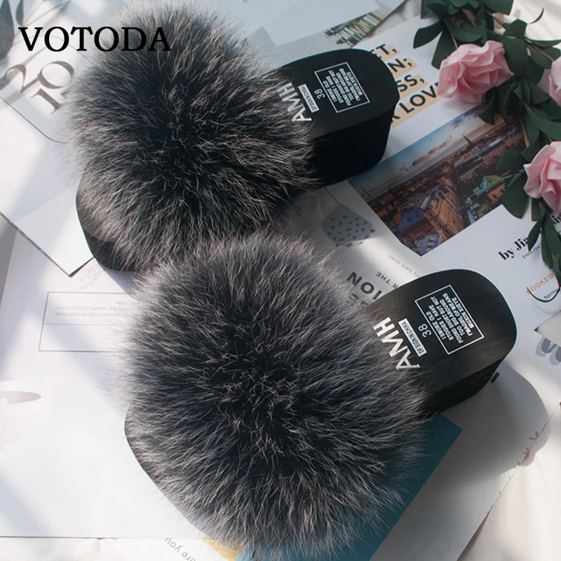 Summer Wedge Slippers Women Flip Flops Furry Real Fox Fur Slides Platform Shoes Female Home Slippers Fashion Casual Ladies Shoes