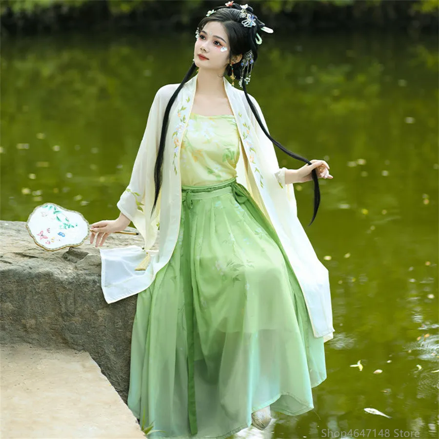 Женское платье Hanfu в китайском традиционном стиле зеленое пол с квадратным