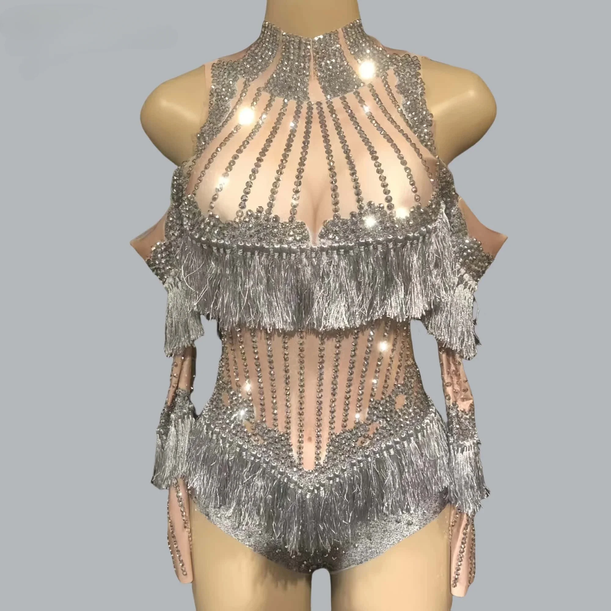 Блестящий вечерние боди со стразами и кисточками женский сексуальный комбинезон