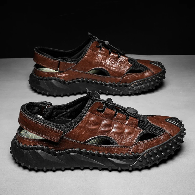 

Сандалии мужские из дышащей кожи, модная дизайнерская повседневная обувь, удобные мягкие шлепанцы для отдыха на открытом воздухе и пляжа, без застежки