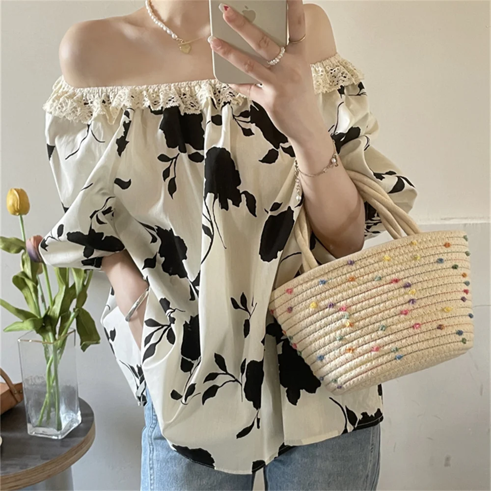 

HziriP Apricot Blouses Holiday Florals Slash Neck Printed Lace Women Chic Summer Lantern Sleeve Loose New Casual Sweet Slim OL