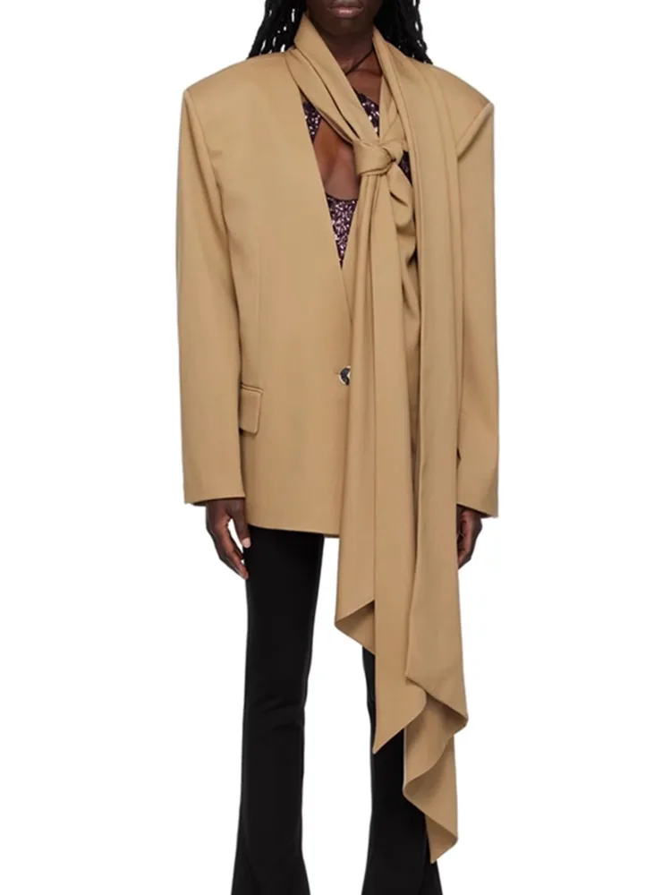 Женский блейзер на одной пуговице DEAT однотонный пиджак с воротником-шарфом и