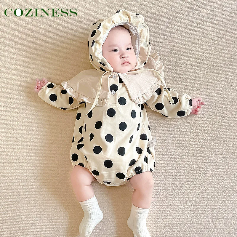 

Newborn Baby Romper Soft Pure Cotton Breathable Absorb Sweat Polka Dot Print Triangle With Detachable Hat Jumpsuit Girl Clothes