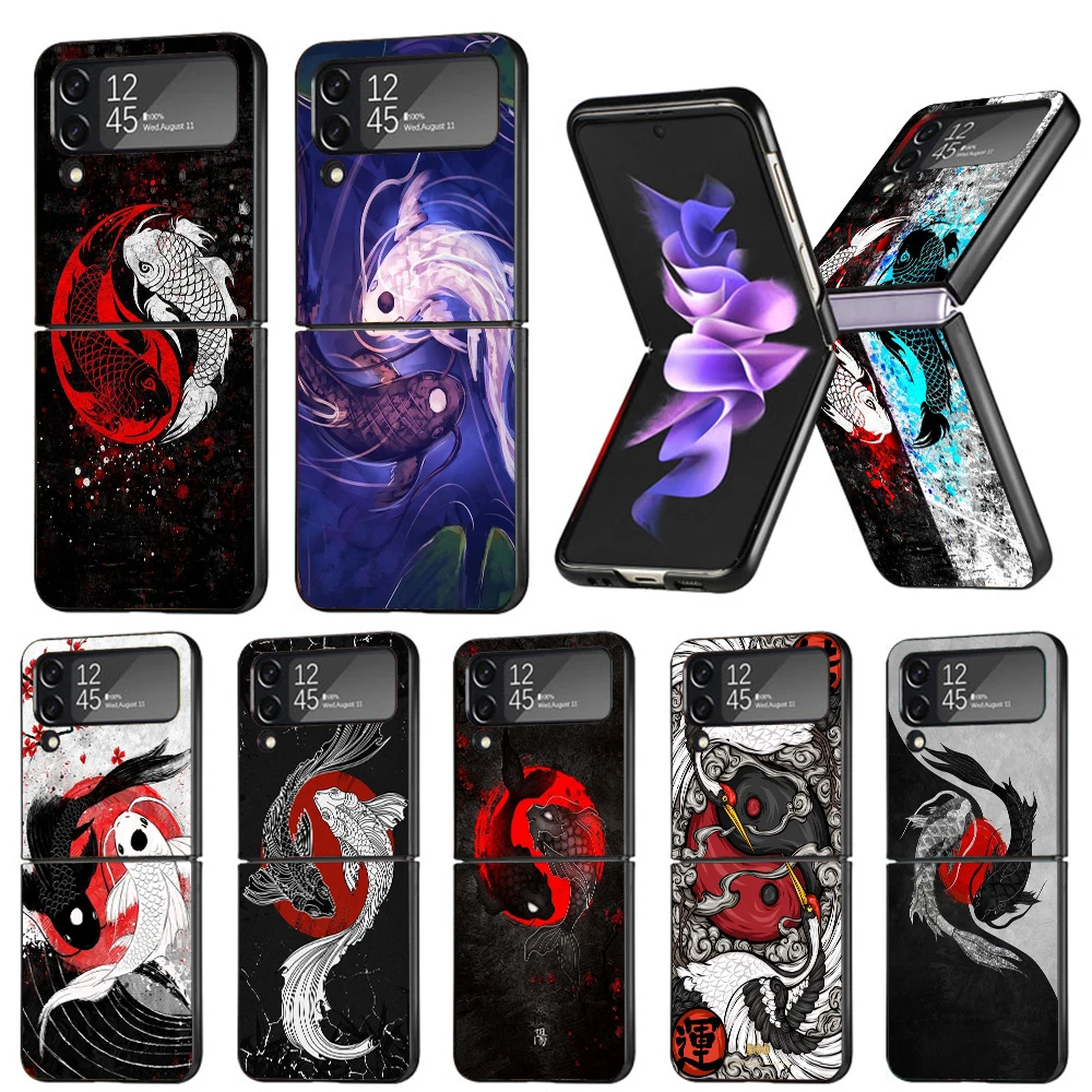 

Japan Koi Fish Yin Yang Art Hard Black Cover for Samsung Galaxy Z Flip 4 3 5G Phone Case Flip4 Flip3 Pattern Luxury Shockproof C
