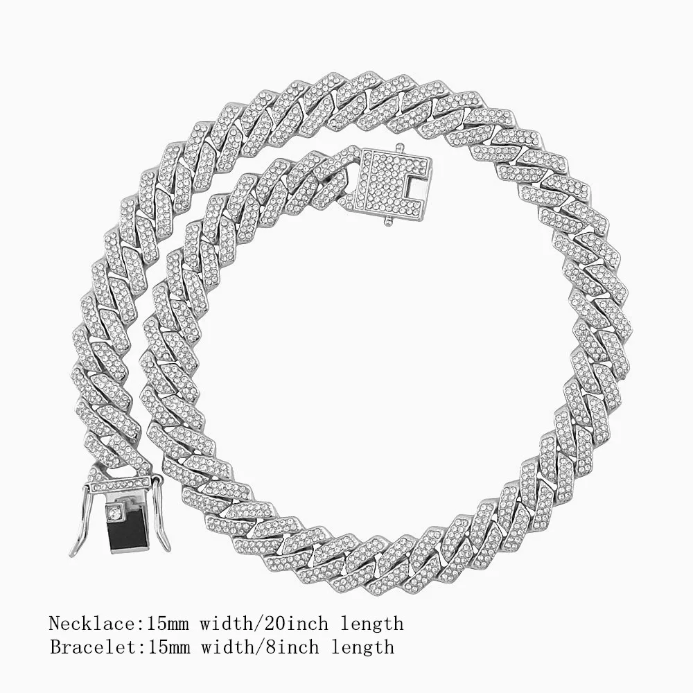 3PCS Men's Iced Out Chain Necklace Bracelet Watch Men Hip Hop 15MM Studded Large Heavy Gold Cuban Link Jewelry Set Women Gift images - 6