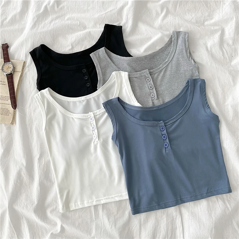 

Женский укороченный топ на пуговицах, черный однотонный модный топ без рукавов в уличном стиле на лето