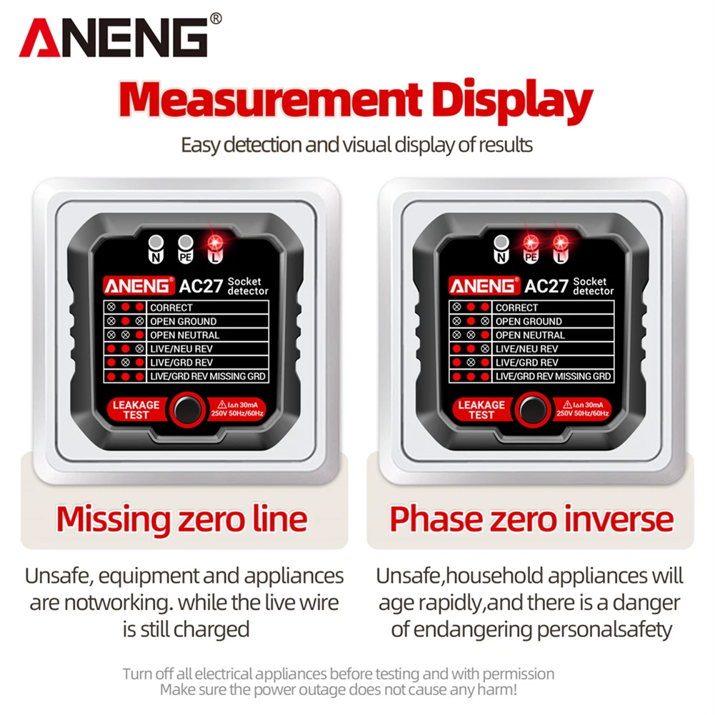 ANENG AC27 Интеллектуальный тестер розеток Цифровой дисплей Полярность фазы Pheck