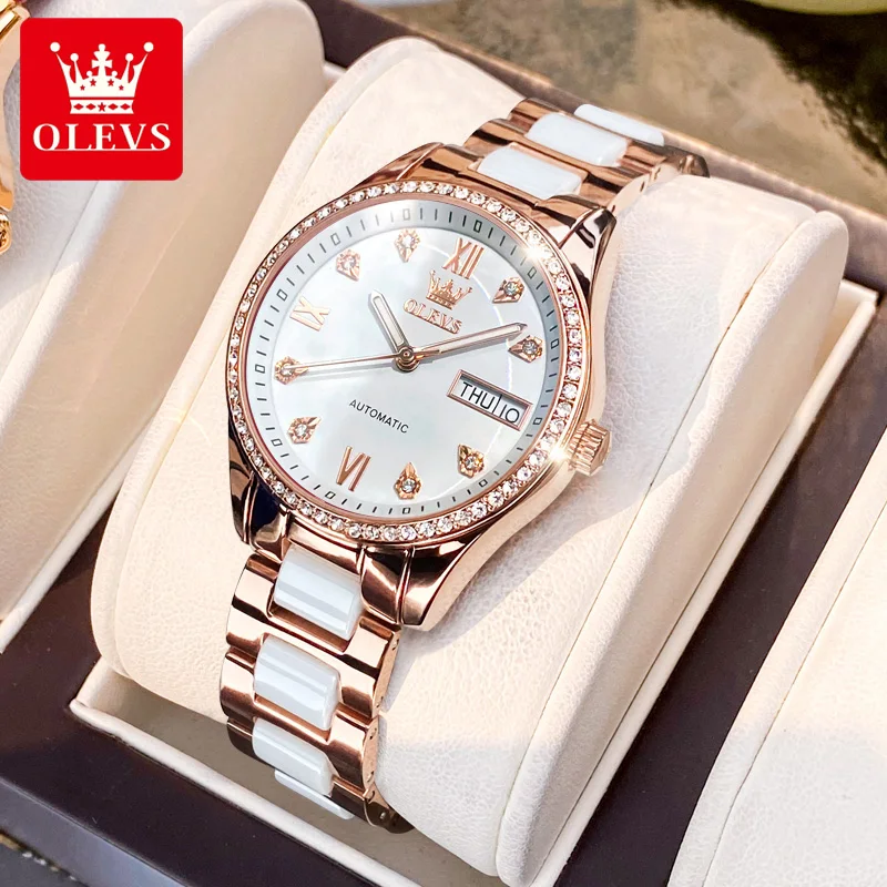 OLEVS 6637 Luxury White Ceramic Women Automatic Mechanical Watches Fashion Business Dual Calendar Waterproof Ladies Wristwatches