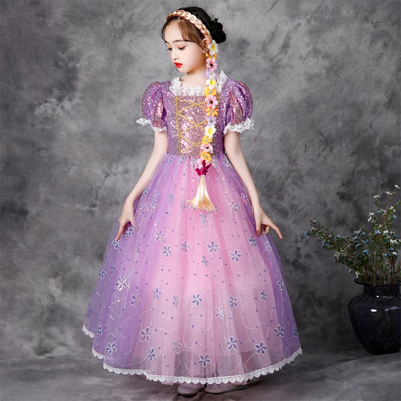 Disney Girls Rapunzel Dress Princess Cosplay Costume Kids Fancy Sequins Purple Luxury Tangled Dresses Halloween Party Ball Gown