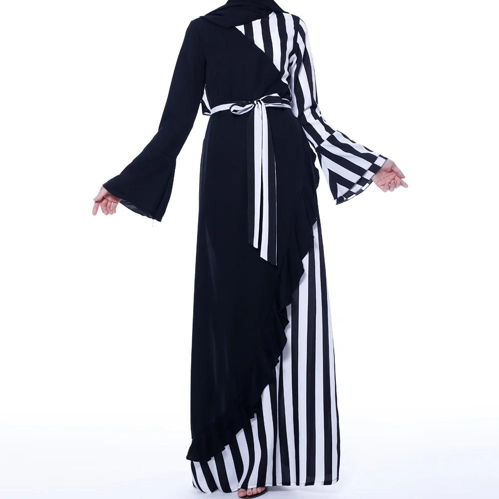 

Muslim Fashion Hijab Dress Striped Colorblock Flared Sleeves Abaya Dubai African Dresses for Women Turkey Islam Clothing Kaftan