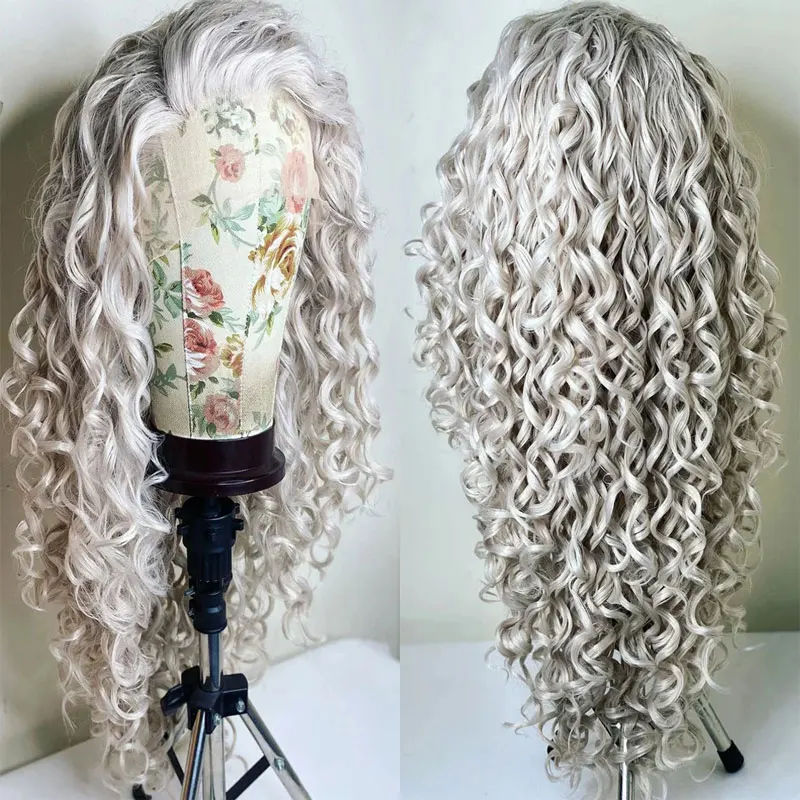 Длинные вьющиеся синтетические кружевные передние парики серебристо-серого
