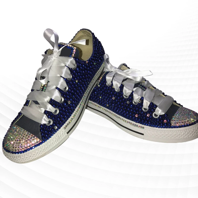 

Dark blue low-top canvas shoes white ribbon sports comfortable walking handmade rhinestone ribbon pearl vulcanized shoes 35-46