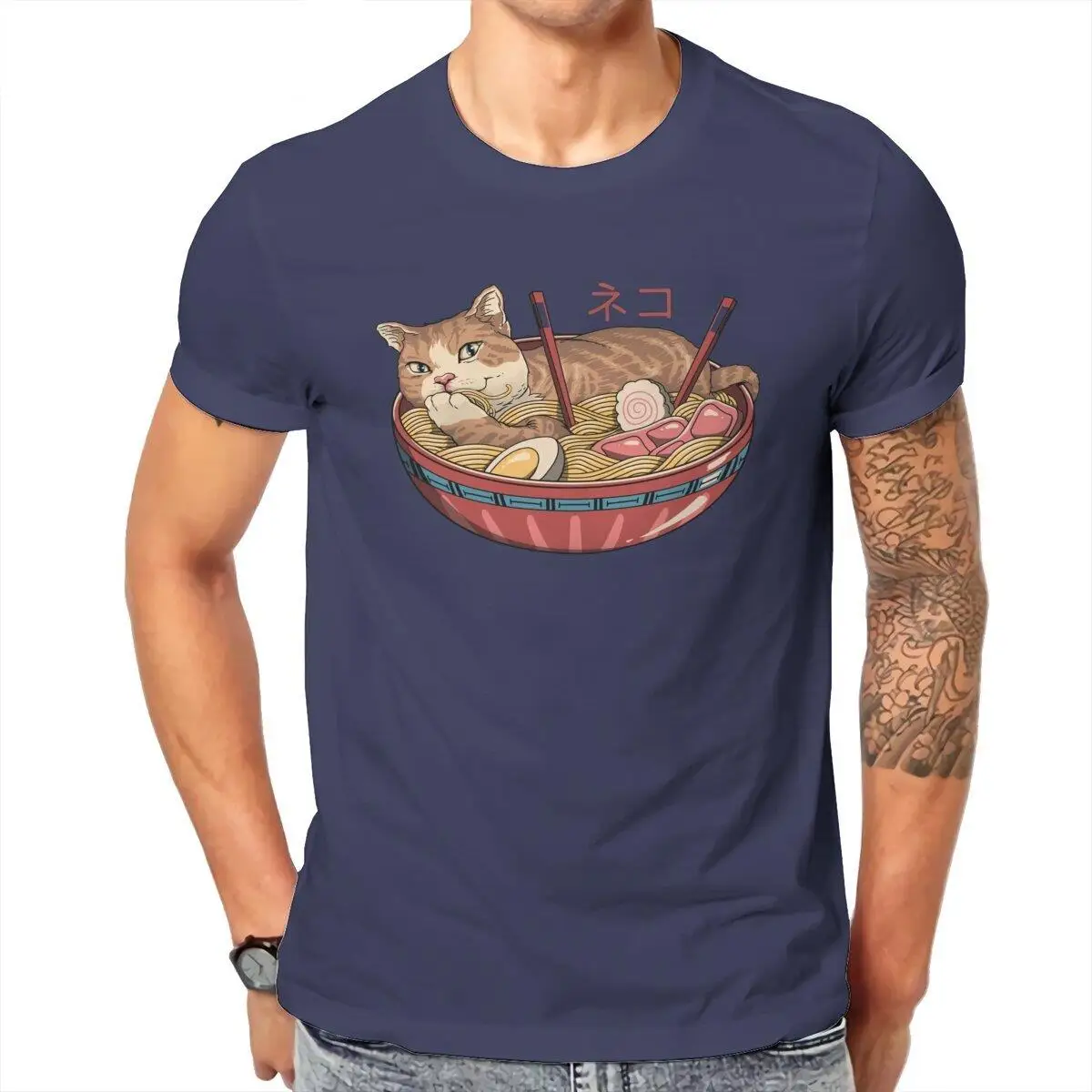 

Neko Ramen Men T Shirt Japanese Funny Cat Vintage Tees Short Sleeve Crew Neck T-Shirt 100% Cotton Graphic Tops