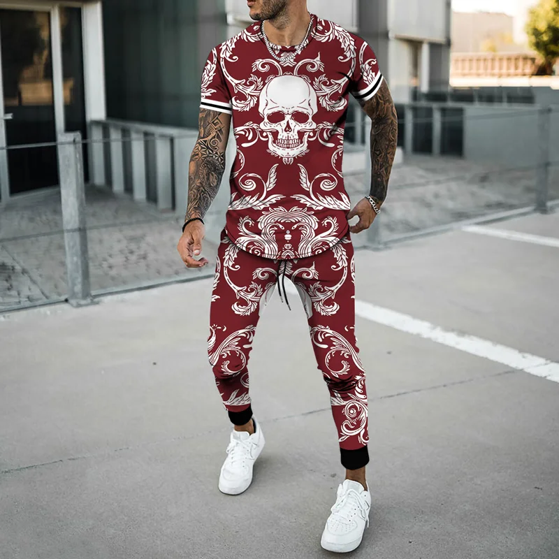 Summer Men Tracksuit jogging Skull Head Pattern 3d Printed T-shirt Men's Streetwear Sports Short Sleeve Shirt+pants 2 Pcs Sets