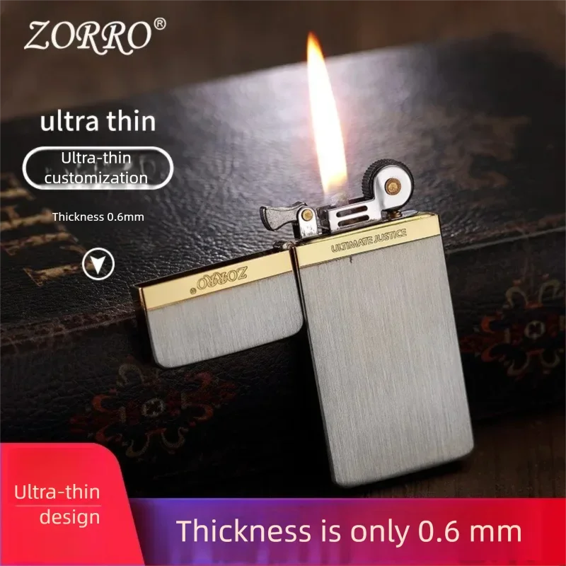 Фото Ультратонкая латунная керосиновая зажигалка Zorro для мужчин, высококачественная, с колесиком зажигания, ветрозащитная, для сигарет, гаджет для курения, 0.6 см №2