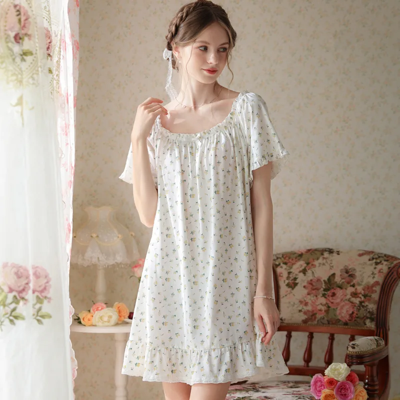 Palace Nightgown Women Summer Short Sleeves Cute Sweet Princess Style Sexy Short Skirt Cotton Pajamas New Floral Home Clothes