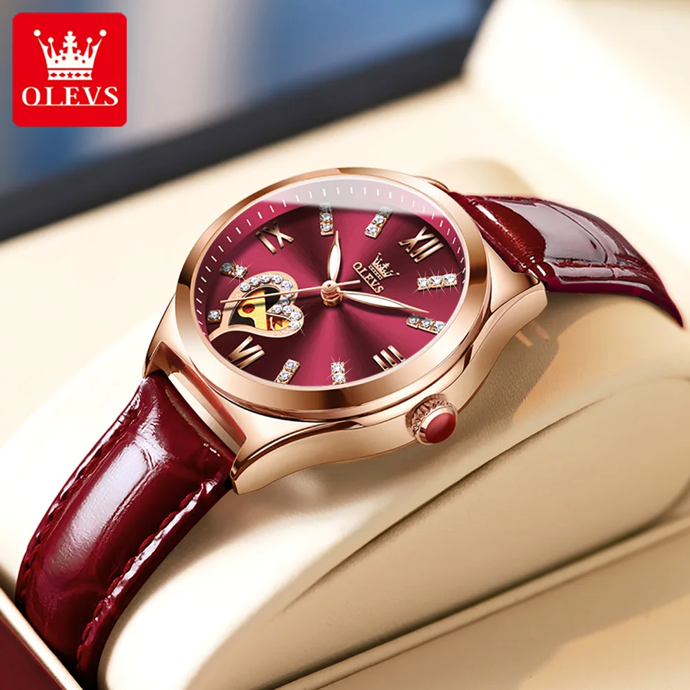 

OLEVS Heart Hollow Design Women Mechanical Watch Waterproof Leather Self-wind Automatic Watch for Women Valentine's Day Gift