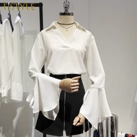 2021 new spring summer women v neck chiffon blouse v neck solid chiffon blouse belt flare sleeved loose tops