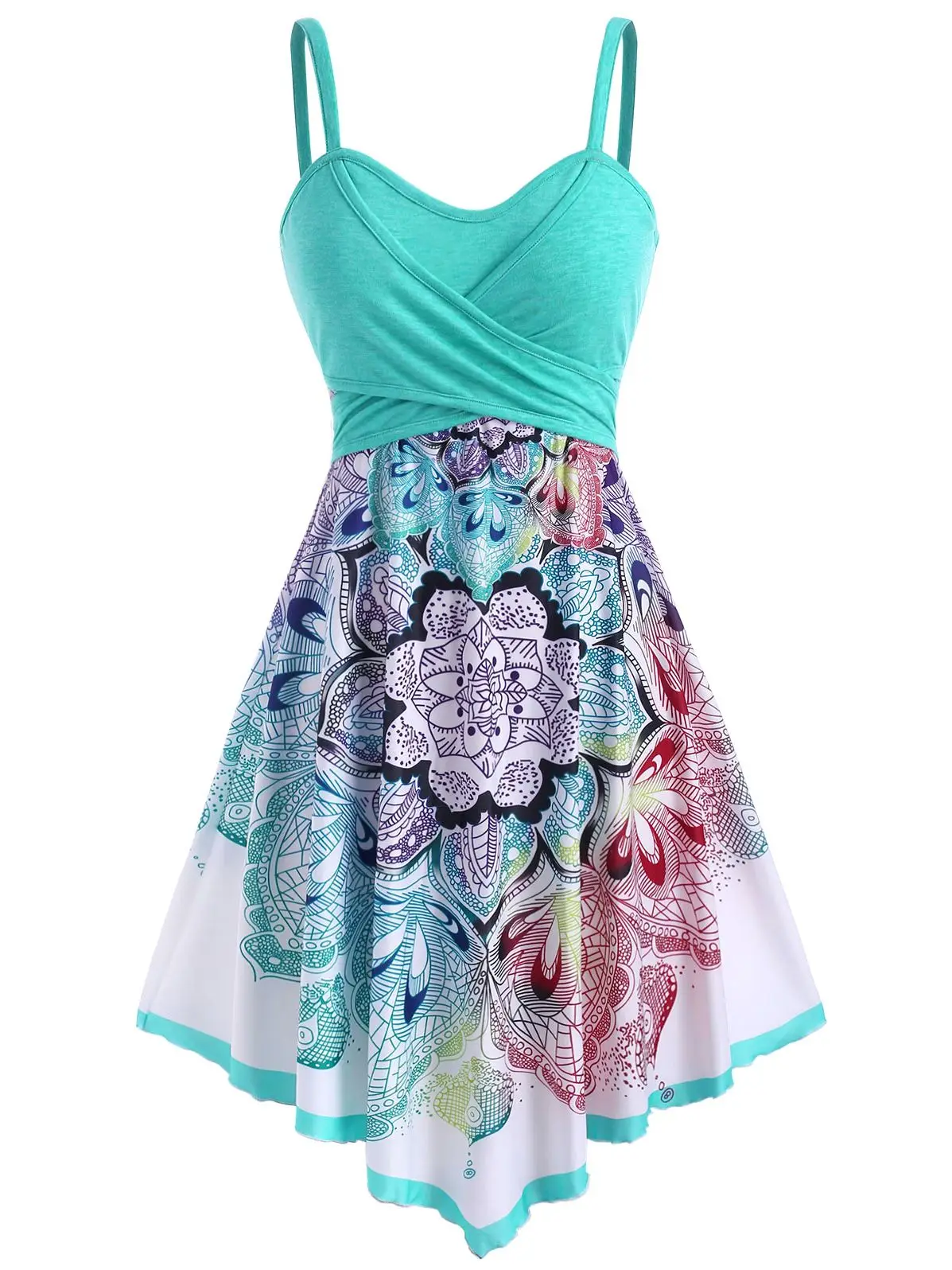 

Dressfo Spaghetti Strap Midi Dress Contrast Flower Crossover Women Bohemian Dress Sleeveless Asymmetrical Knee-Length Dress