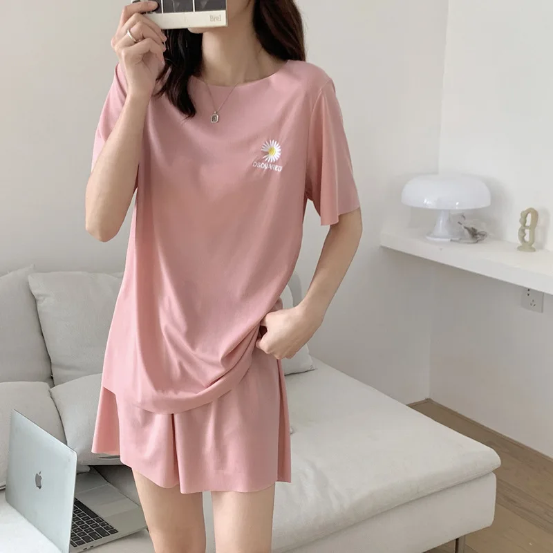 2pcs Pajamas for Women Cotton Embroidered Korean Style Elastic Short-sleeved Top Casual Shorts Loungewear Pijamas Sets Female
