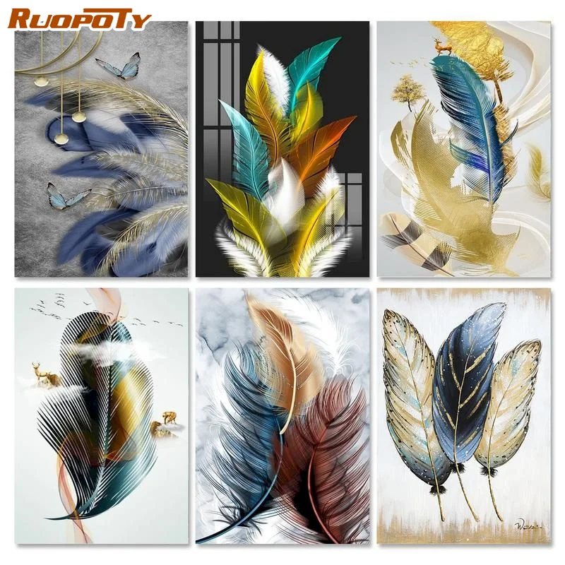 

RUOPOTY Frame Picture By Numbers Three Feather Oil Paint Kits Handmade DIY Gift For Adults Children Home Decoration 60x75cm
