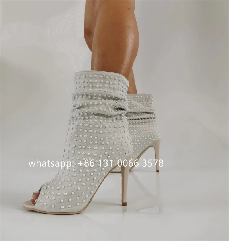 

Full Spikes Rivets Peep Toe Women Boots Stiletto Heels Med Caft Slip On Fold Suede Women's Shoes High Heels Casual Shoes