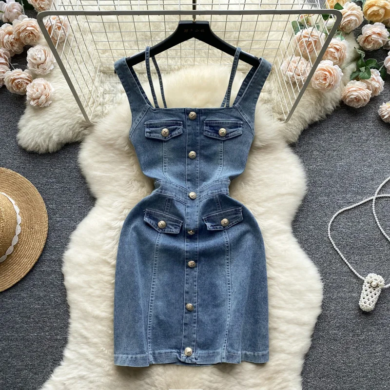 

Summer Strap Tank Top Vintage Denim Skirt Slim Fit Sexy Wrap Hip Short Dress