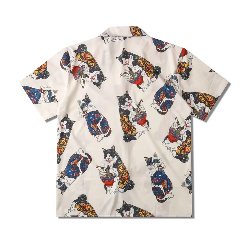 

2023 Men Hip Hop Streetwear Shirt Japanese Harajuku Ukiyoe Smoking Cat Beach Shirt Short Sleeve Aloha Shirt Tops Hawaiian Shirt