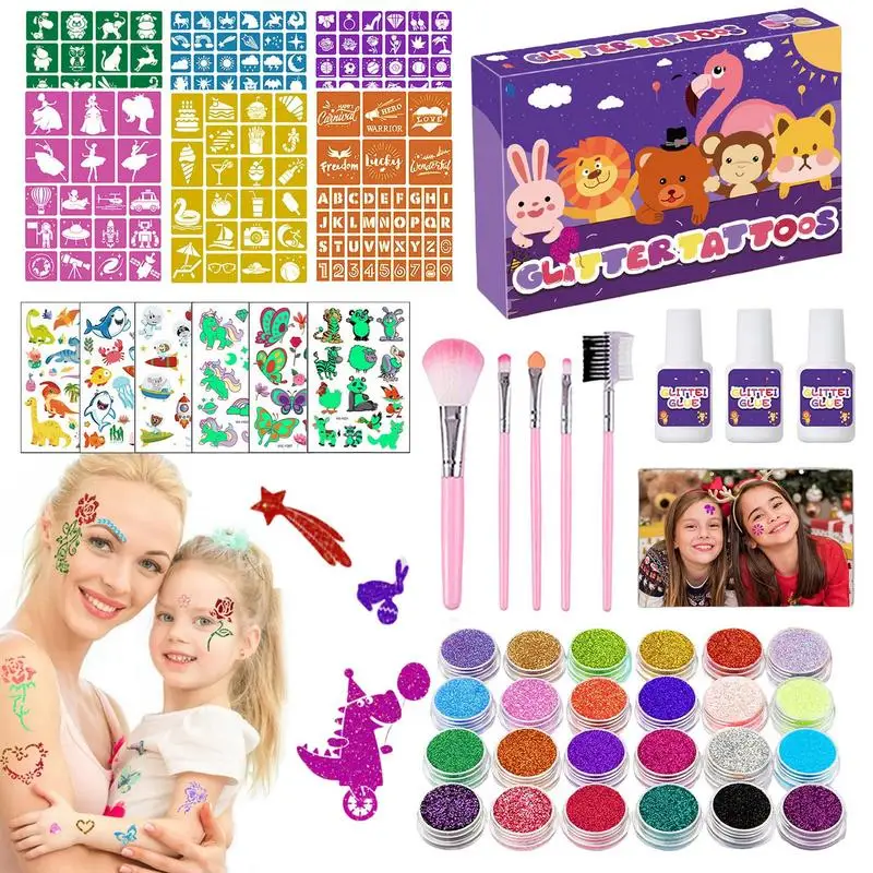 

24 Colors Temporary Glitter Tattoo Set Kids Face Body Glowing Stickers With 6 Stencils 3 Glue 5 Brushes For Birthday Party