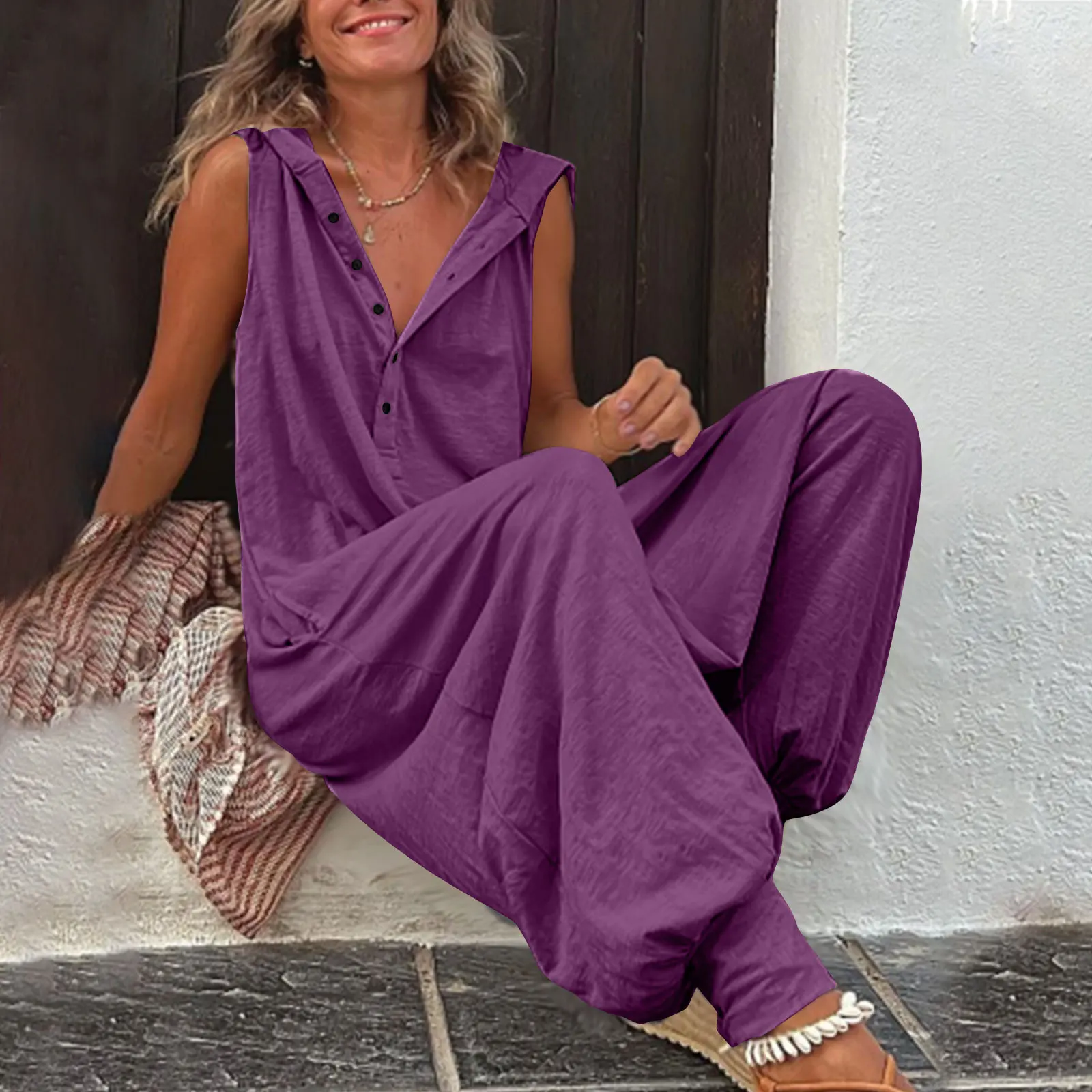 Vintage Button Jumpsuit Summer Women Causal Beach Cross-pants Playsuit Fashion Loose Solid Sleeveless Hooded Romper Streetwear