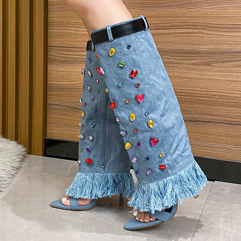 

Female Gladiator Long Denim Boots Women Footwear Crystal Shoes Heels Pumps Shoes Rhinestones Fashion Knee High Boots For Ladies