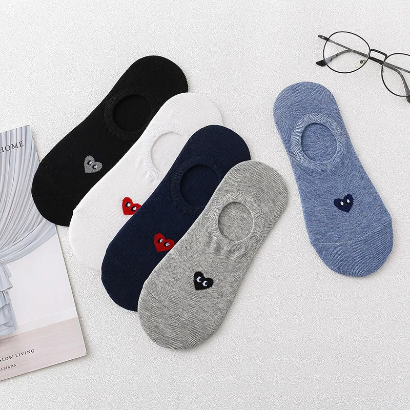 5 Pairs Men's Summer Invisible Love Happy Beach Boat Socks Silicone Non-Slip Low Ankle Cotton Breathable Boat Socks