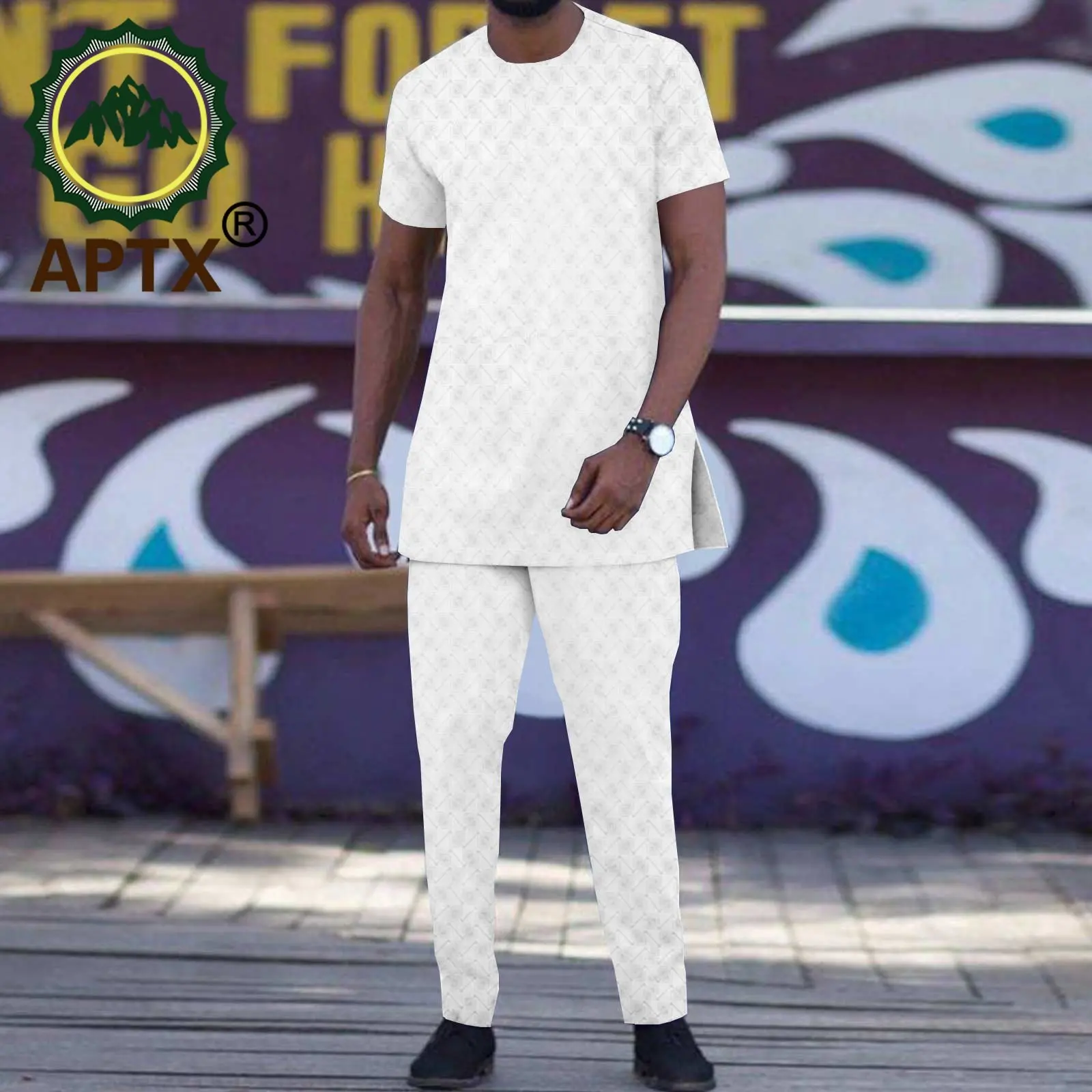 APTX African Clothes Men's Dashiki 2 Pieces Set Half Sleeves Top +Full Length Pants Daily Casual Suit TA2216151