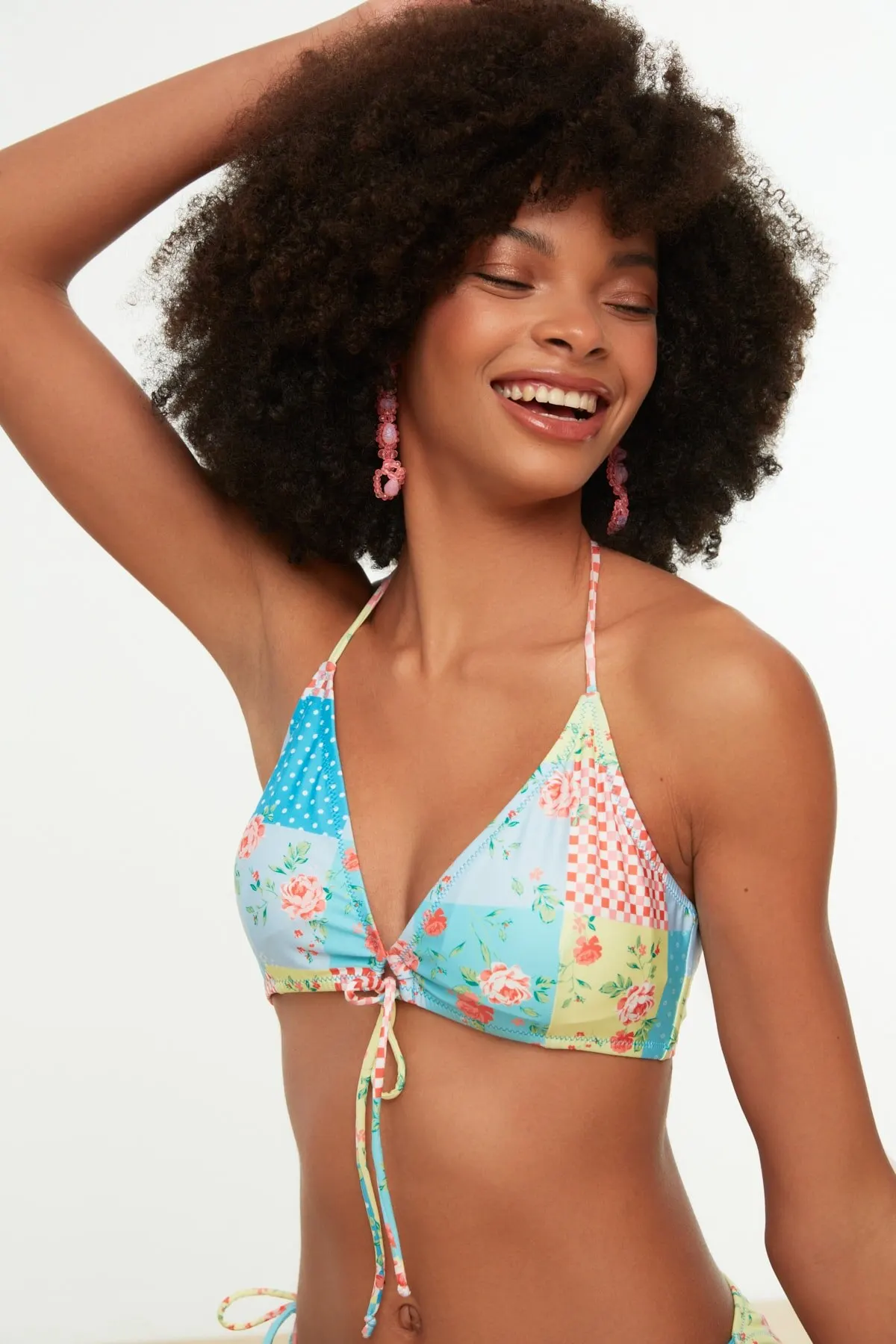 Women's Bikini Patchwork pattern Tie Detail Bikini Top Swimwear Lady Swimsuit 2022 Summer New Pushup Bikinis