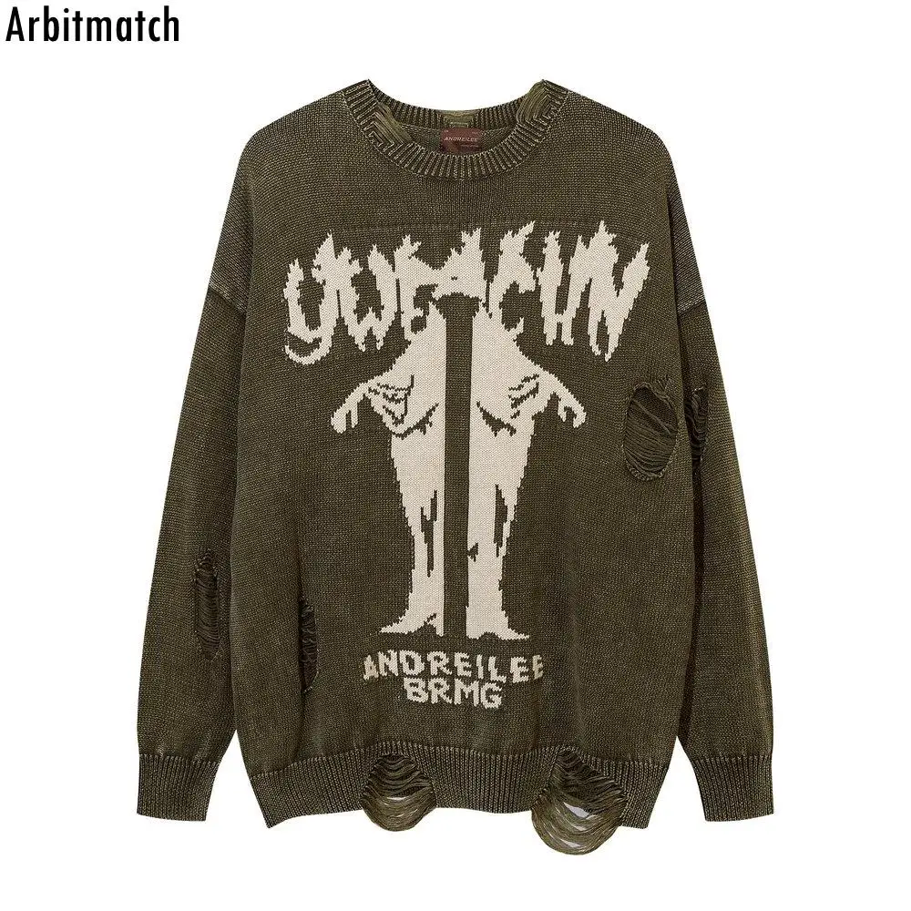 

Men Streetwear Knitted Sweater Vintage Washed Printed Ripped Sweaters Sweater Harajuku HIP HOP Sweater Pullovers Men Women 6K059