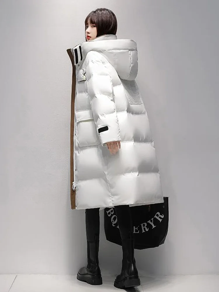 Duck Mid-Length Down jacket Women Contrast Color Korean Sle Thick Loose Slimming over the Knee Outerwear 2024 Winter N...