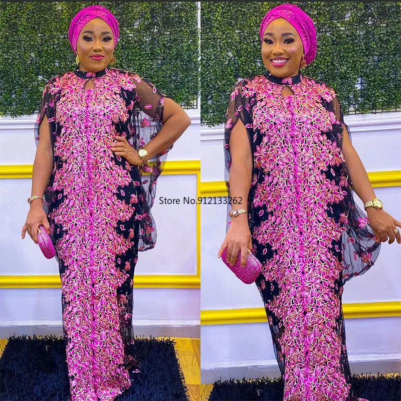 

African Dresses For Women Plus Size Wedding Party Gown Embroidery Floral Mesh Maxi Dress Ankara Nigerian Clothes Kaftan Abaya