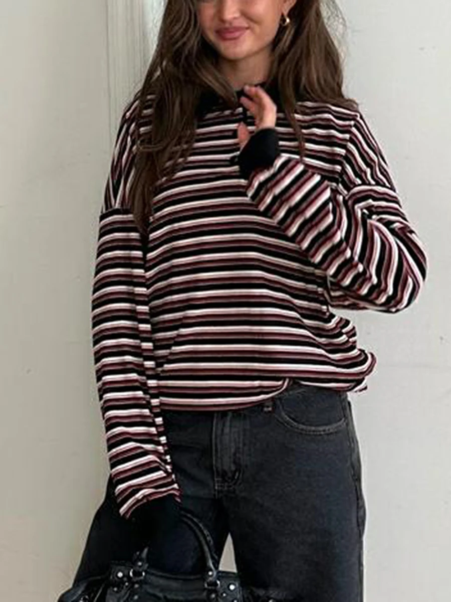 Женский свитшот в полоску с длинным рукавом на пуговицах