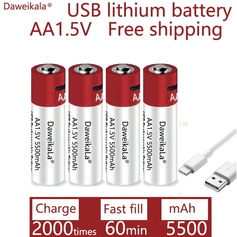 

USB rechargeable lithium ion battery for toys,thermometers and watches players, keyboards AA1.5mAh5500 AA rechargeable batteries