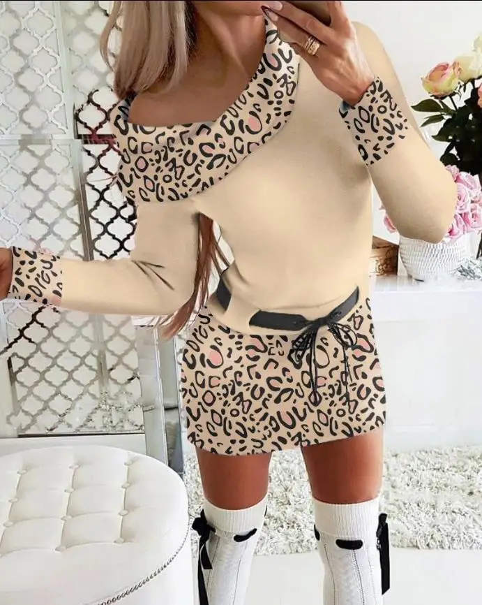 

Dresses of Women Fashion Leopard Print Belted Long Sleeve Straight Dress & 2022 Winter Europe and America Casual Dress with Belt