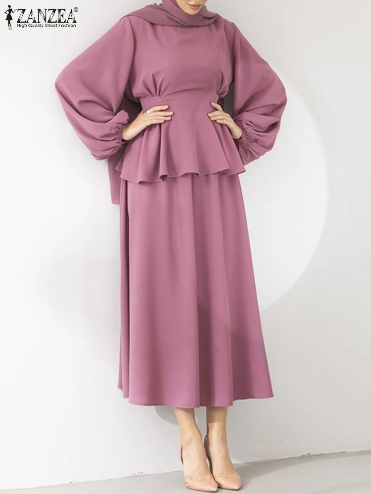 

Женское элегантное мусульманское платье ZANZEA, абайя, кафтан с пышными рукавами, круглый вырез, Однотонный сарафан на шнуровке, нежный турецк...
