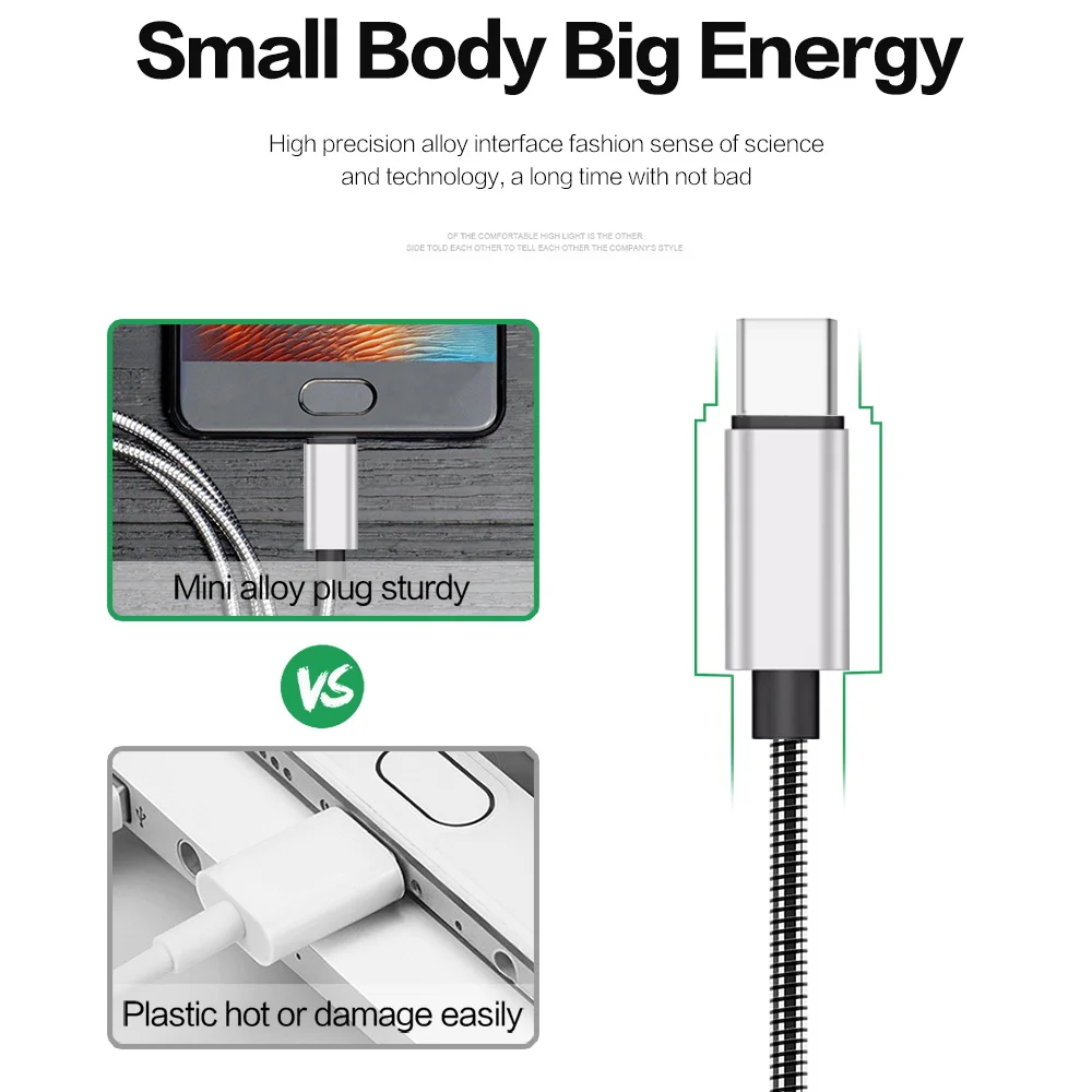1.1M Metal Spring Metal Plug Type C Micro USB Cable USB C Cable for Samsung S10 S9 S8 S7 Note10 9 8 for Sony HTC