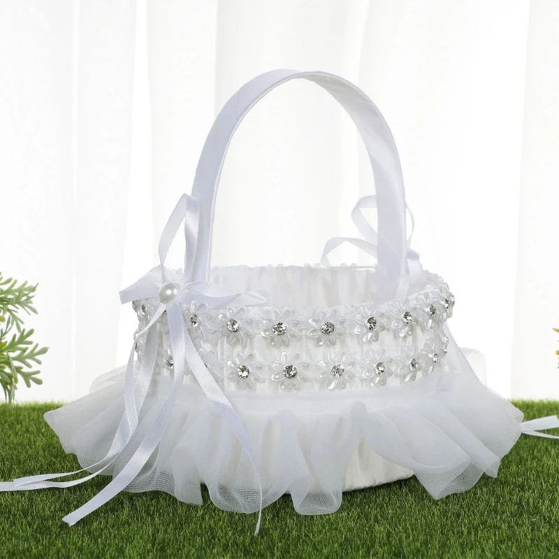 

Flower Basket for Wedding Ceremony Satin Lace Faux Flowers Decor Candy Gift Bag for Banquet Christmas Daily Use