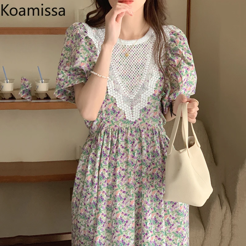 

Koamissa Women's Summer Maxi Dress Short Puff Sleeves Hollow Flowers Waist Slim Vestidos Sweet Female Floral Dresses Korean Robe
