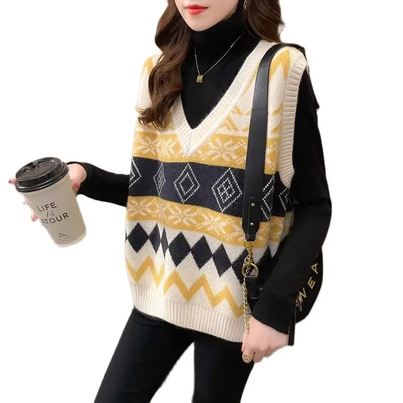 

V-neck contrast Lingge vest women's loose retro and versatile wearing waistcoat sleeveless sweater women vest P3 582