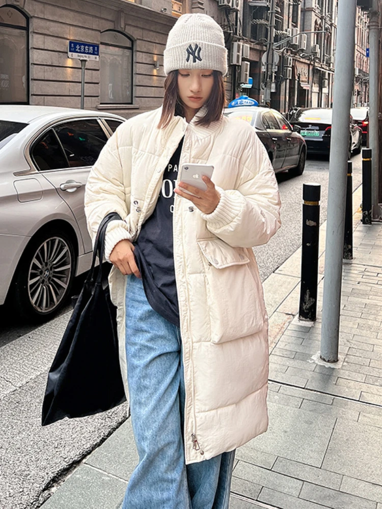 Long Puffer Jacket Women Winter Solid Bubble Coat Knitted Stand Collar and Cuff Fashion Big Pocket Warm Cotton Padded Warm Parka